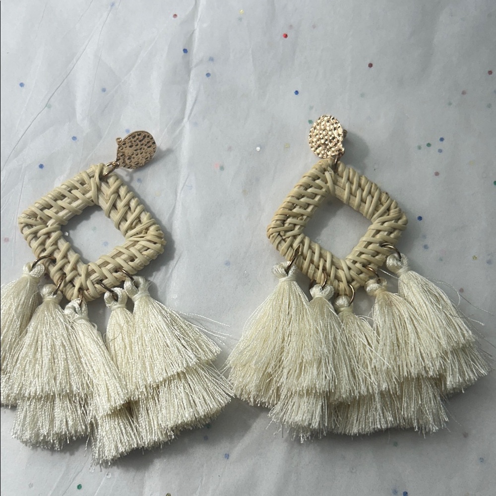 Woven Tassel Earrings in Cream